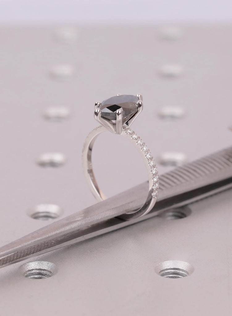 Marquise Salt and Pepper Diamond Ring, Six Prong Setting, Pave Side Stones, 14k/18k Solid Gold image #15