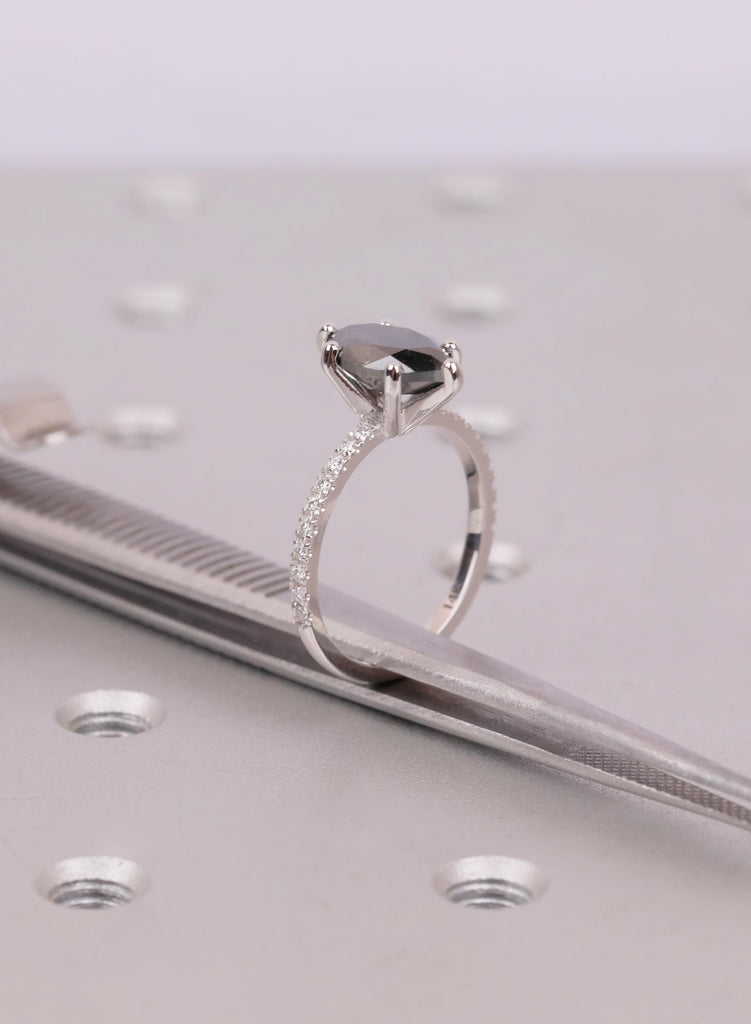 Raw Salt and Pepper Diamond Marquise cut Black and White Solid Gold Diamond Natural Diamond Wedding Ring, Six Prong Setting, Pave Side Stone image #12