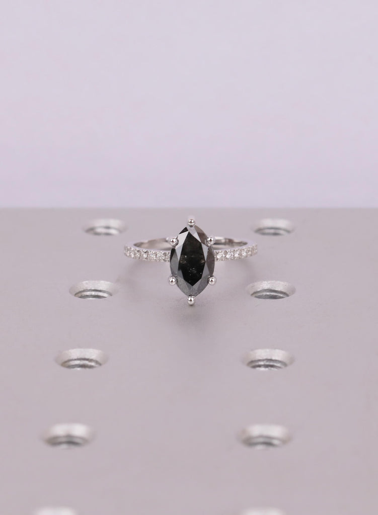 Raw Salt and Pepper Diamond Marquise cut Black and White Solid Gold Diamond Natural Diamond Wedding Ring, Six Prong Setting, Pave Side Stone image #16
