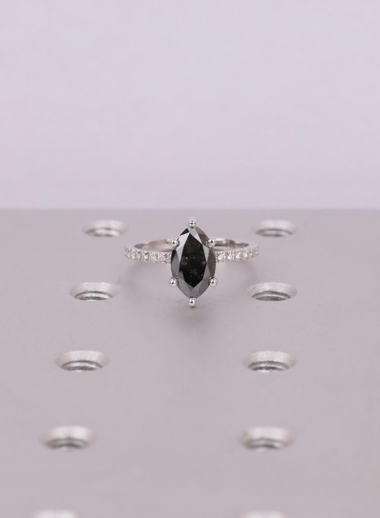 Marquise Salt and Pepper Diamond Ring, Six Prong Setting, Pave Side Stones, 14k/18k Solid Gold image #16