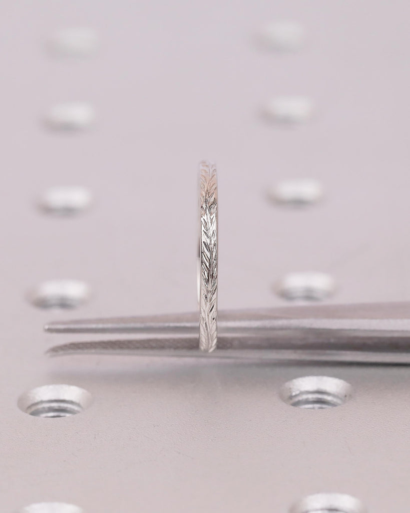 Floral Wedding Band, Vintage Platinum Ring, Flower Engraved Matching Rings for Women image #12