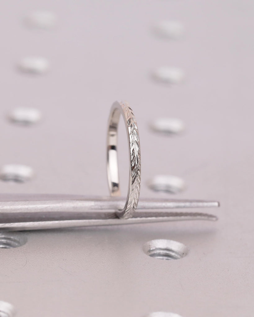Floral Wedding Band, Vintage Platinum Ring, Flower Engraved Matching Rings for Women image #4