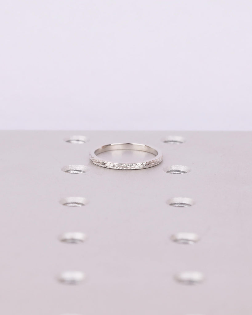 Minimalist Wedding Band, Platinum Hand Engraved Leaves Ring, Women Nature Jewelry image #5