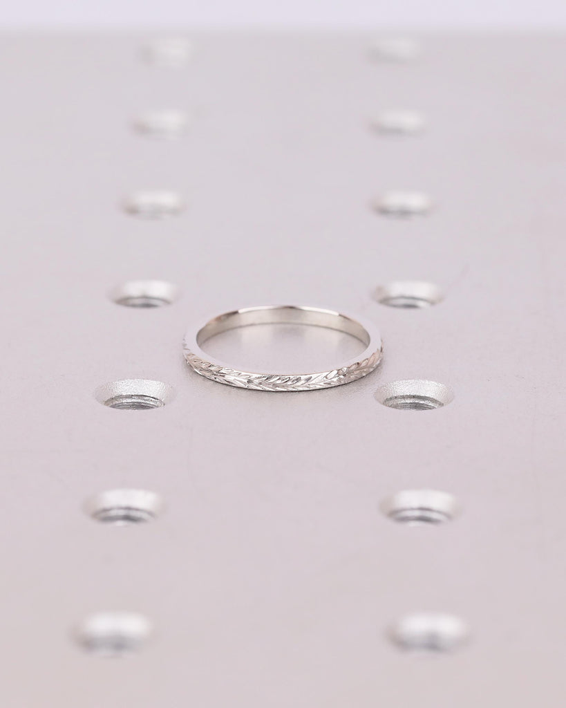 Minimalist Wedding Band, Platinum Hand Engraved Leaves Ring, Women Nature Jewelry image #9