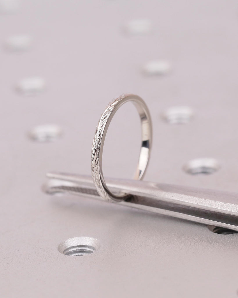 Minimalist Wedding Band, Platinum Hand Engraved Leaves Ring, Women Nature Jewelry image #14