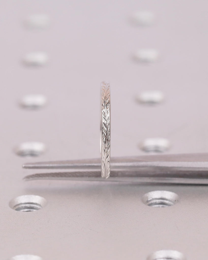 Minimalist Wedding Band, Platinum Hand Engraved Leaves Ring, Women Nature Jewelry image #3