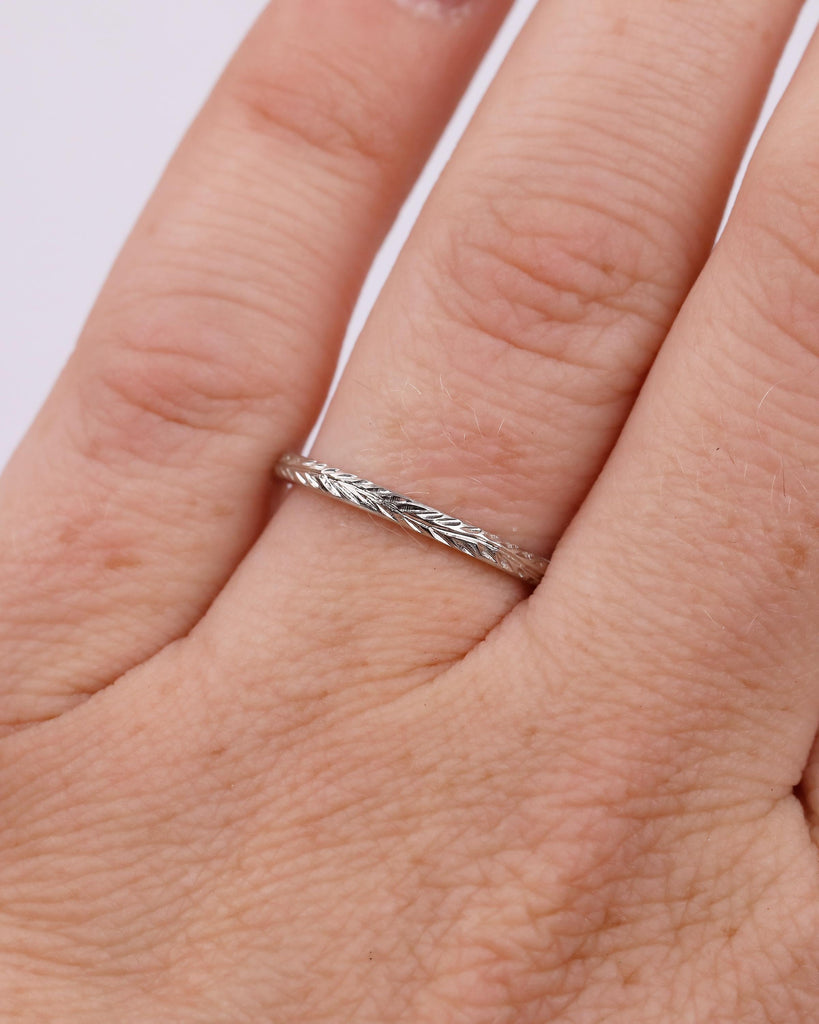 Minimalist Wedding Band, Platinum Hand Engraved Leaves Ring, Women Nature Jewelry image #4