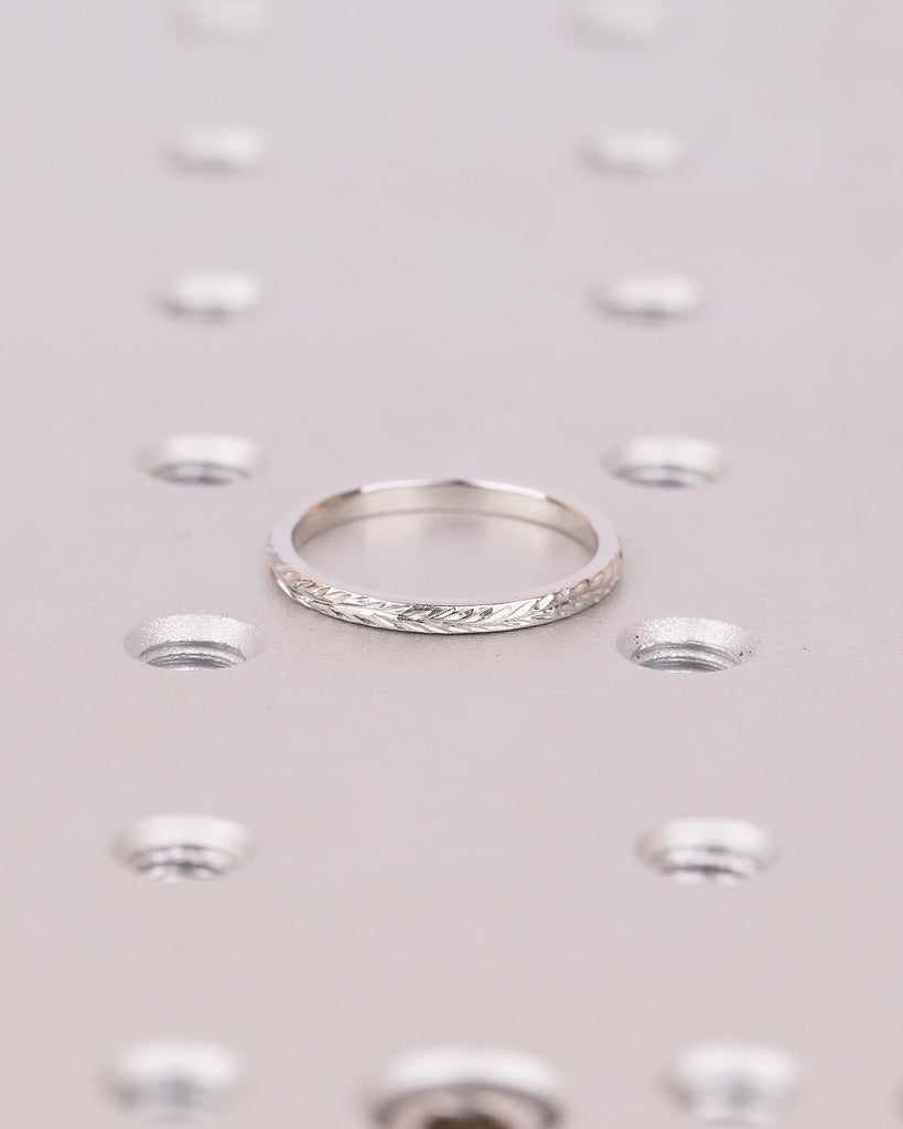 Minimalist Wedding Band, Platinum Hand Engraved Leaves Ring, Women Nature Jewelry image #2
