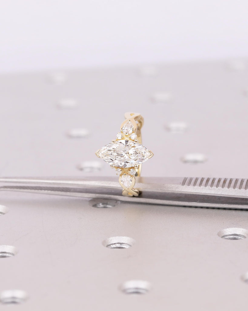 1-4ct Moissanite Marquise Ring, Art Deco 14k Gold Engagement Rings, Diamond Cluster Promise Ring for Her, Split Shank Vintage Style Jewelry image #19