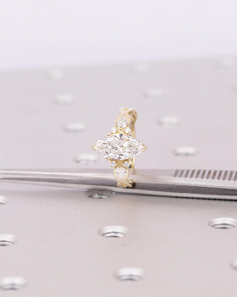 14k Solid Gold Marquise Moissanite Engagement Ring, Round Pear Diamond Cluster Ring image #19