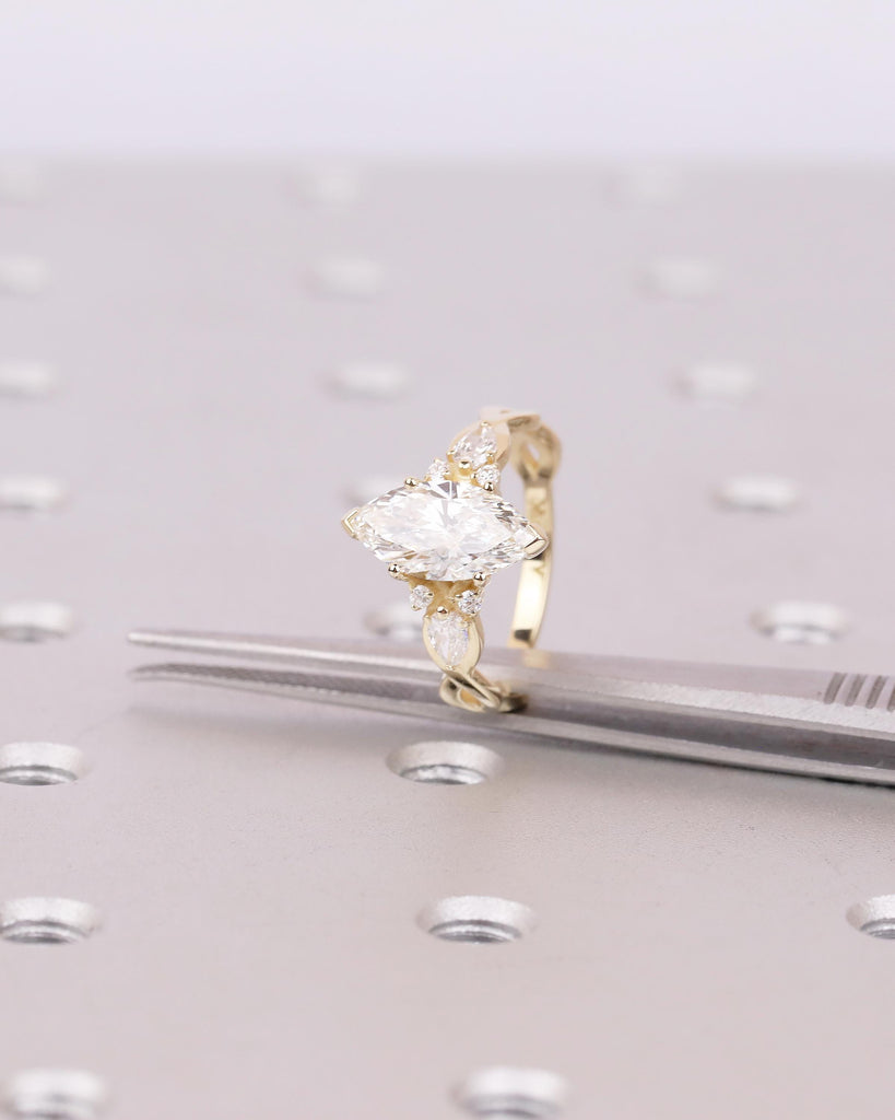 1-4ct Moissanite Marquise Ring, Art Deco 14k Gold Engagement Rings, Diamond Cluster Promise Ring for Her, Split Shank Vintage Style Jewelry image #9