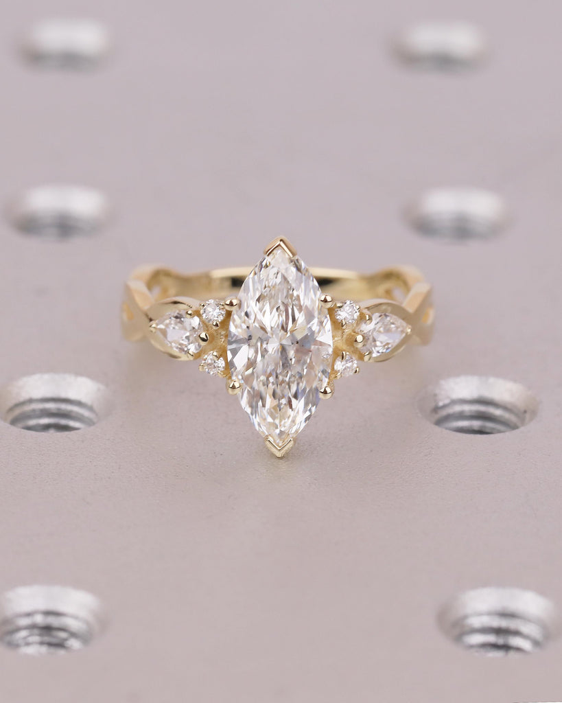 1-4ct Moissanite Marquise Ring, Art Deco 14k Gold Engagement Rings, Diamond Cluster Promise Ring for Her, Split Shank Vintage Style Jewelry image #3