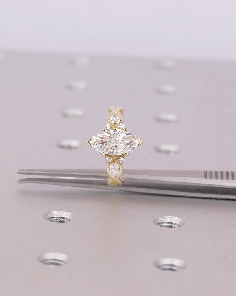 1-4ct Moissanite Marquise Ring, Art Deco 14k Gold Engagement Rings, Diamond Cluster Promise Ring for Her, Split Shank Vintage Style Jewelry image #13