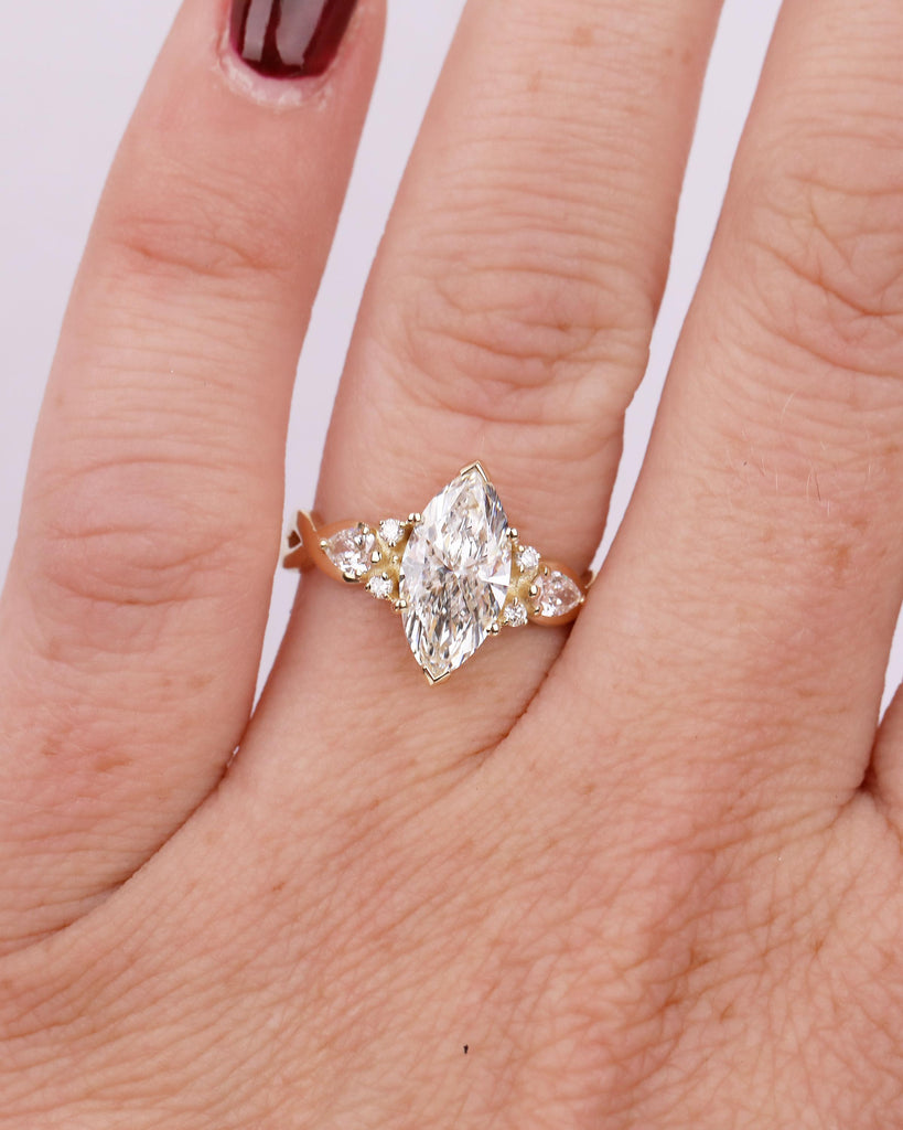 1-4ct Moissanite Marquise Ring, Art Deco 14k Gold Engagement Rings, Diamond Cluster Promise Ring for Her, Split Shank Vintage Style Jewelry image #15