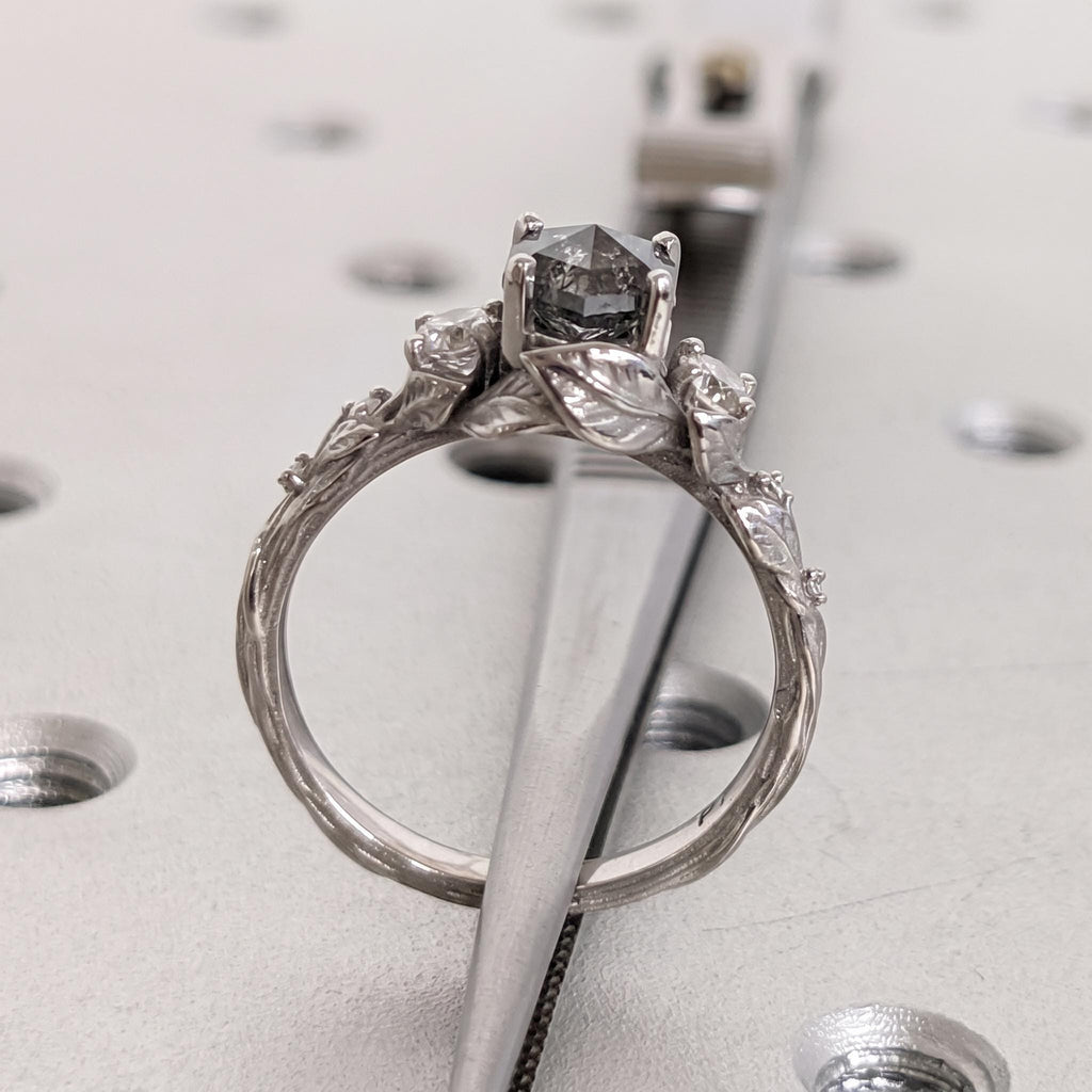 Salt and Pepper Diamond Platinum Engagement Ring | Unique Leaf Ring | Nature Inspired Women Jewelry image #3
