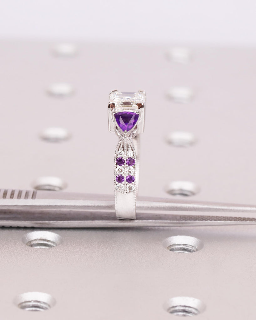 Asscher Lab Grown Diamond Ring with Purple Amethyst Trillion Side Stones, 14k Gold Art Deco Engagement Ring, 3 Stone Ring, Handmade Jewelry image #8