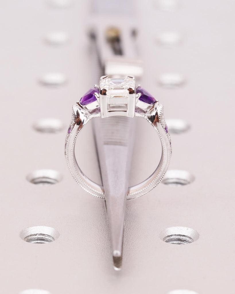 Asscher Lab Grown Diamond Ring with Purple Amethyst Trillion Side Stones, 14k Gold Art Deco Engagement Ring, 3 Stone Ring, Handmade Jewelry image #11