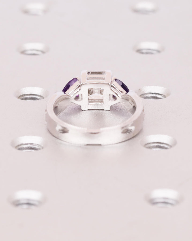 Asscher Lab Grown Diamond Ring with Purple Amethyst Trillion Side Stones, 14k Gold Art Deco Engagement Ring, 3 Stone Ring, Handmade Jewelry image #12