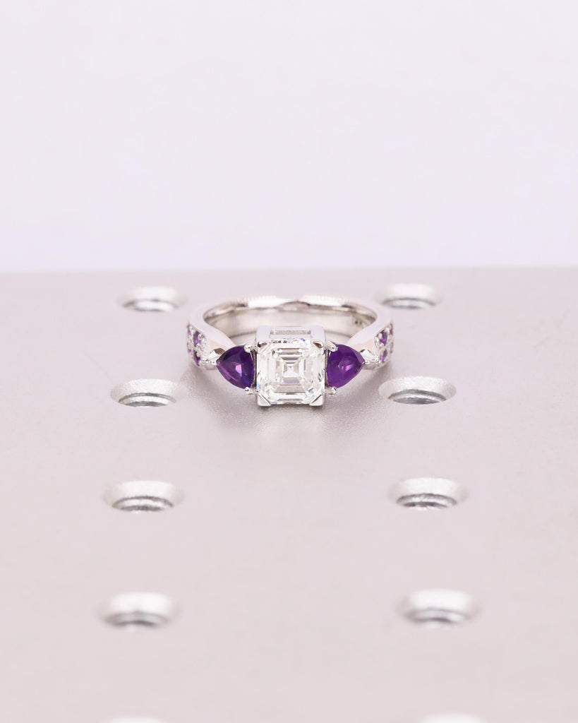 Asscher Lab Grown Diamond Ring with Purple Amethyst Trillion Side Stones, 14k Gold Art Deco Engagement Ring, 3 Stone Ring, Handmade Jewelry image #4