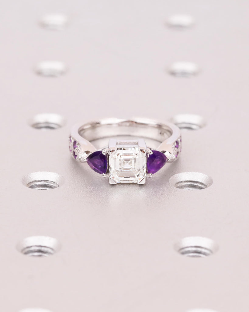 Asscher Lab Grown Diamond Ring with Purple Amethyst Trillion Side Stones, 14k Gold Art Deco Engagement Ring, 3 Stone Ring, Handmade Jewelry image #5