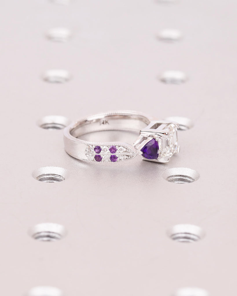 Asscher Lab Grown Diamond Ring with Purple Amethyst Trillion Side Stones, 14k Gold Art Deco Engagement Ring, 3 Stone Ring, Handmade Jewelry image #7