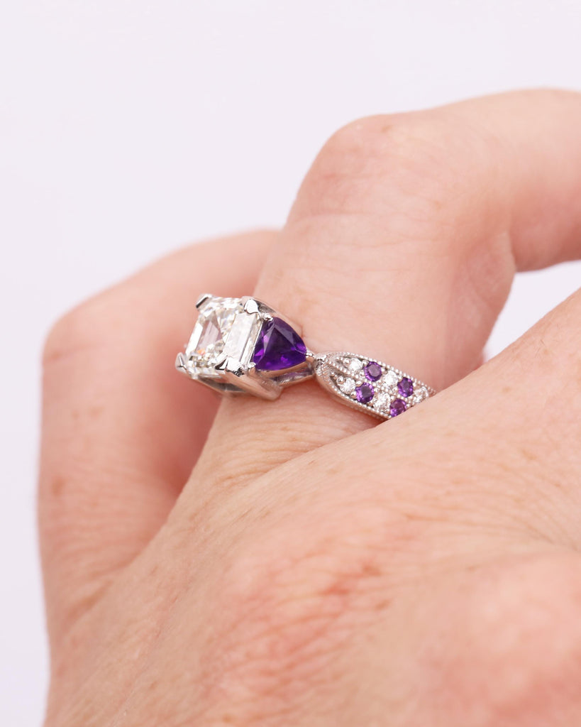 Asscher Lab Grown Diamond Ring with Purple Amethyst Trillion Side Stones, 14k Gold Art Deco Engagement Ring, 3 Stone Ring, Handmade Jewelry image #3