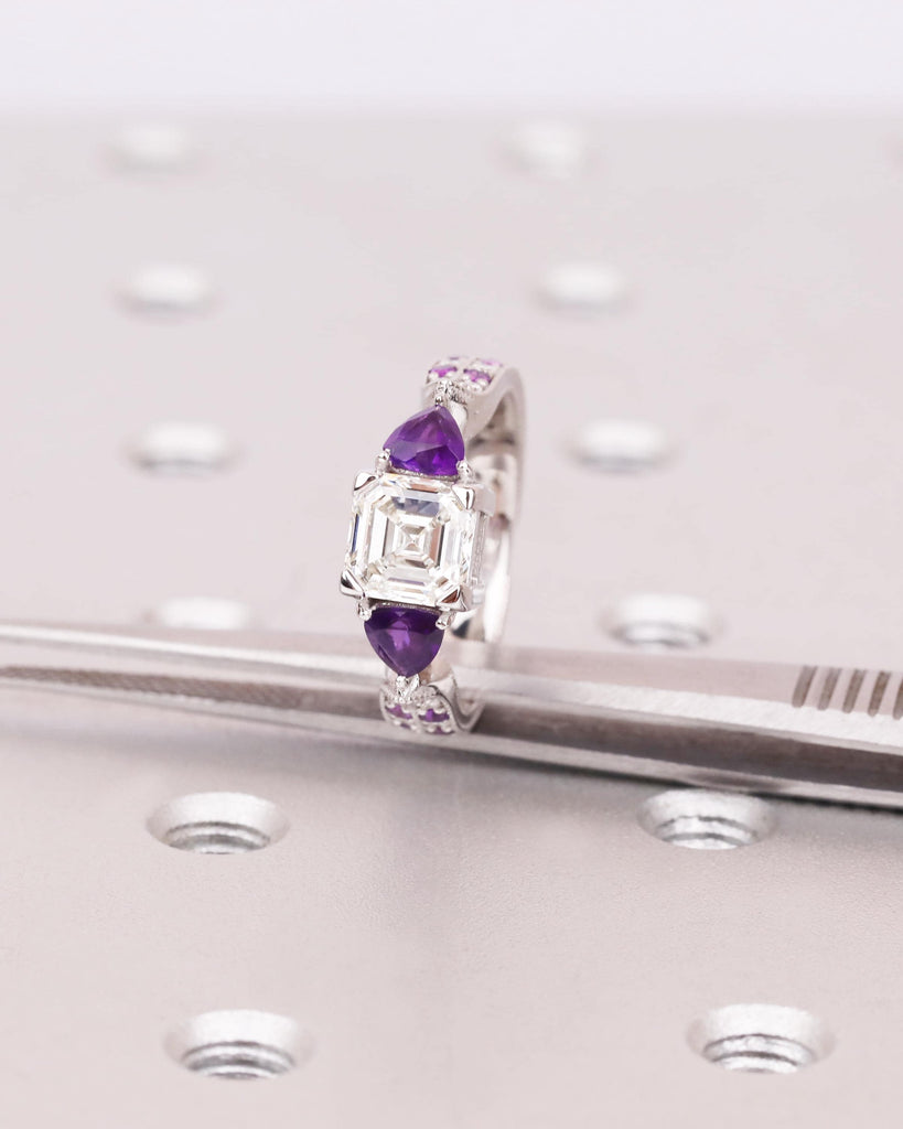 Asscher Moissanite Ring with Purple Amethyst Trillion Side Stones | 14k Gold Art Deco Engagement Ring | 3 Stone Ring | Milgrain Wedding Ring image #7