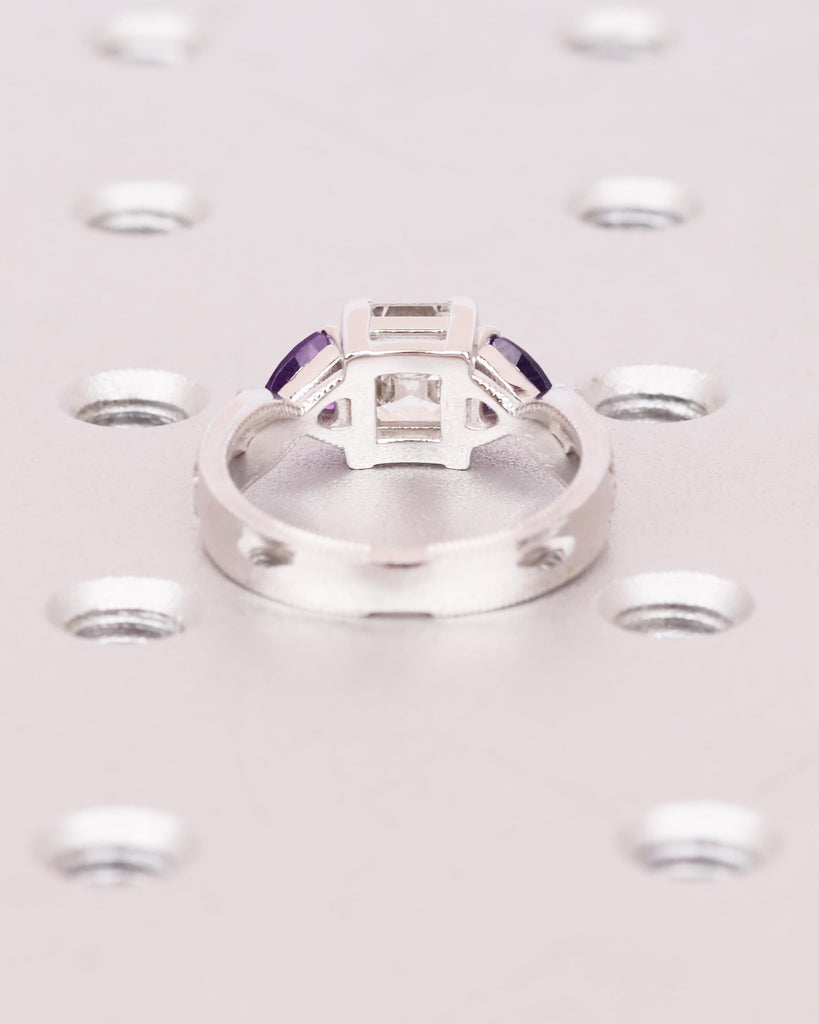 Asscher Moissanite 14K White Gold Engagement Ring / Moissanite & Natural Amethyst Ring / Art Deco Wedding Ring / February Birthstone Jewelry image #12
