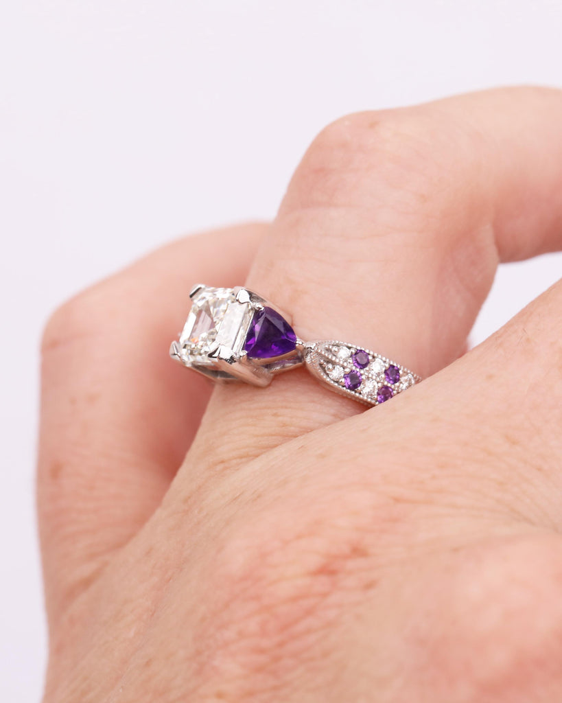 Asscher Moissanite Ring with Purple Amethyst Trillion Side Stones | 14k Gold Art Deco Engagement Ring | 3 Stone Ring | Milgrain Wedding Ring image #4
