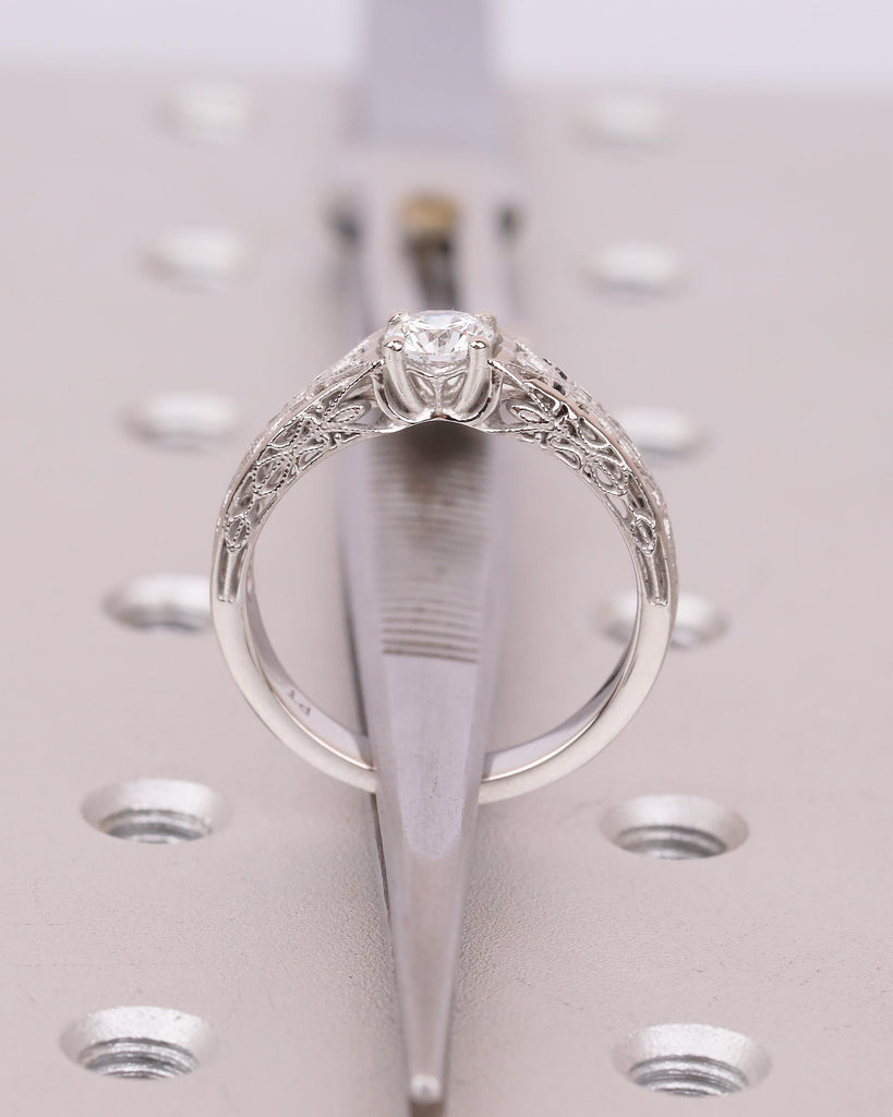 Vintage Wedding Ring, Round Moissanite Engagement Ring, Art Deco Platinum Filigree Edwardian Promise Rings for Her, Unique Heirloom Jewelry image #7
