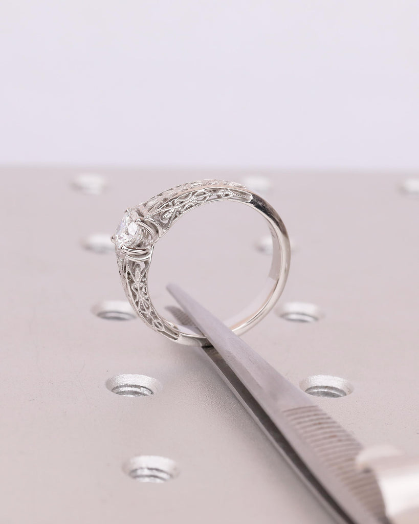 Vintage Wedding Ring, Round Moissanite Engagement Ring, Art Deco Platinum Filigree Edwardian Promise Rings for Her, Unique Heirloom Jewelry image #18