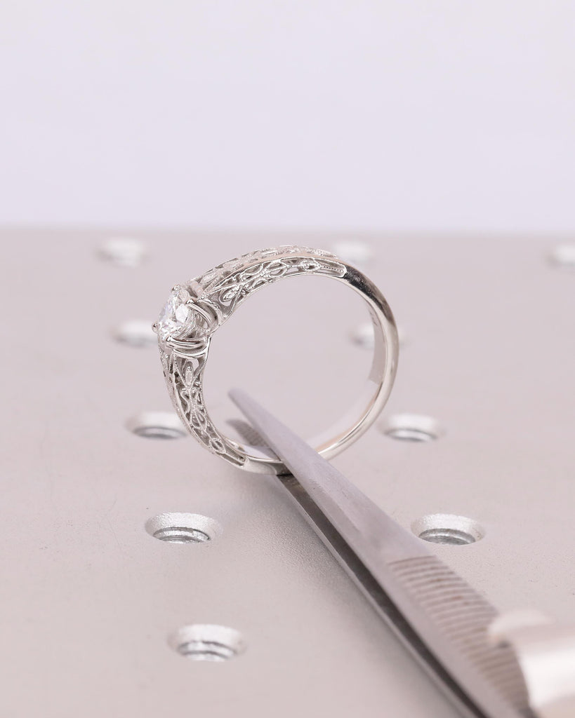 Moissanite Solitaire Engagement Ring, Women's Platinum Ring, Scrollwork Handmade Vintage Jewelry image #18