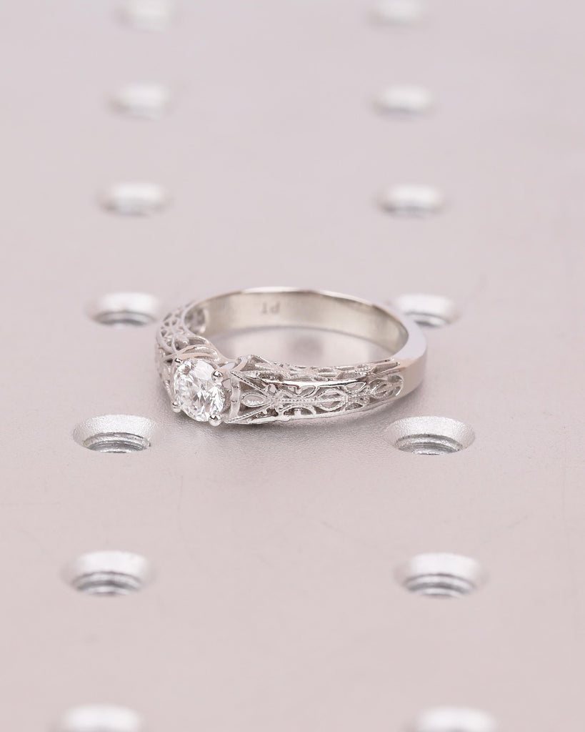 Vintage Wedding Ring, Round Moissanite Engagement Ring, Art Deco Platinum Filigree Edwardian Promise Rings for Her, Unique Heirloom Jewelry image #4