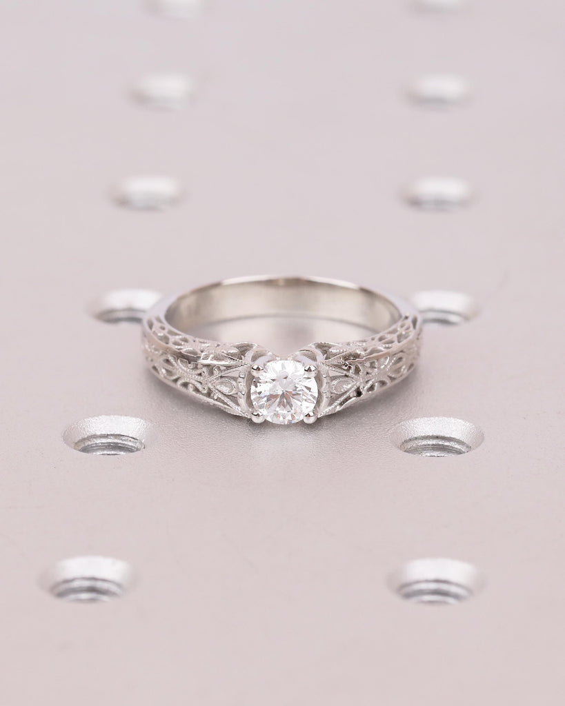 Vintage Wedding Ring, Round Moissanite Engagement Ring, Art Deco Platinum Filigree Edwardian Promise Rings for Her, Unique Heirloom Jewelry image #17
