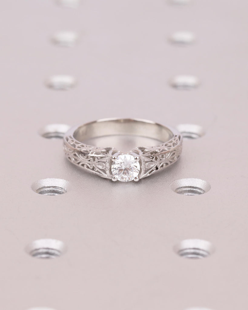 Vintage Wedding Ring, Round Moissanite Engagement Ring, Art Deco Platinum Filigree Edwardian Promise Rings for Her, Unique Heirloom Jewelry image #8