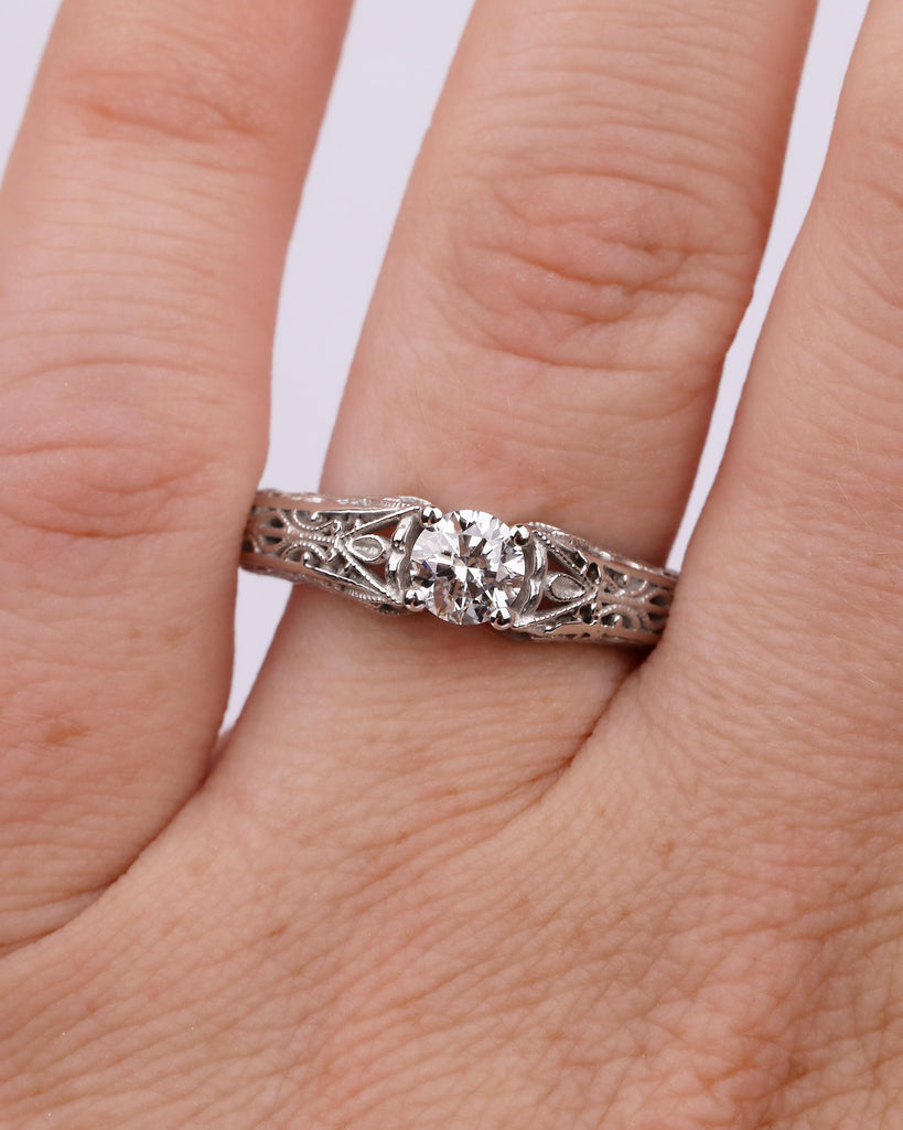 Vintage Wedding Ring, Round Moissanite Engagement Ring, Art Deco Platinum Filigree Edwardian Promise Rings for Her, Unique Heirloom Jewelry image #19