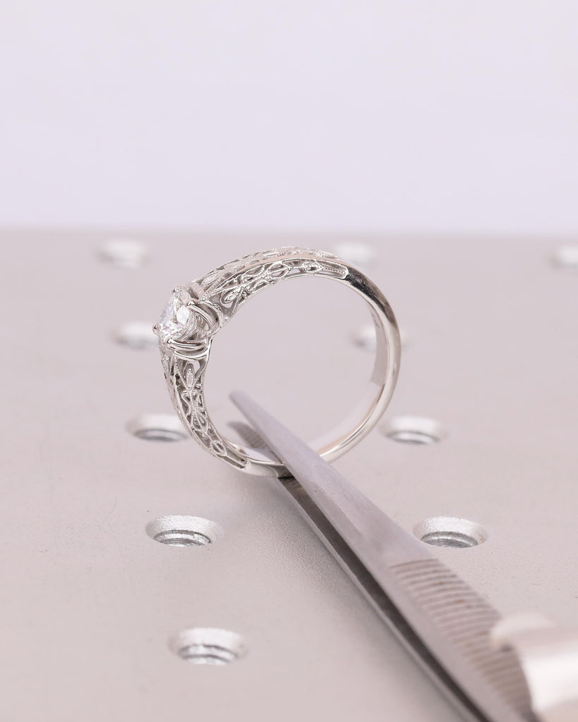 Vintage Style Lab Diamond Engagement Ring, Platinum Filigree Ring, Antique jewelry image #14