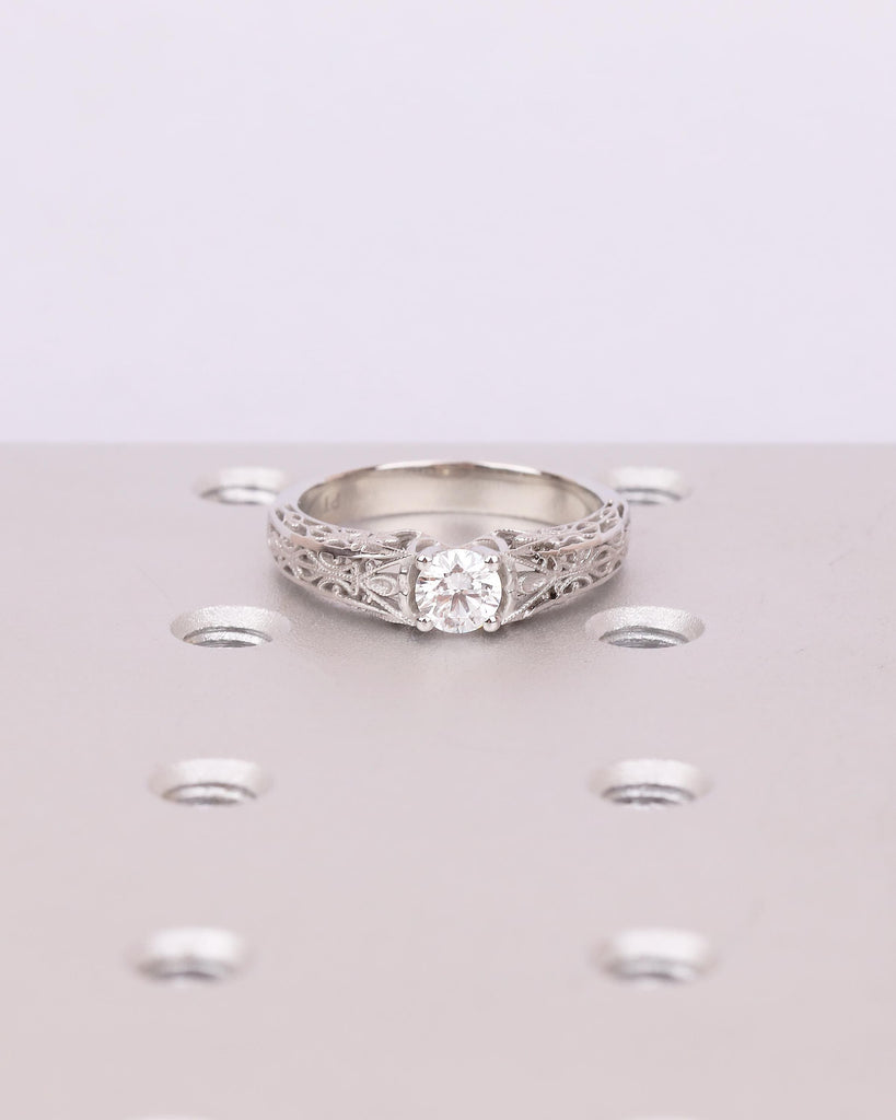 Vintage Style Lab Diamond Engagement Ring, Platinum Filigree Ring, Antique jewelry image #8