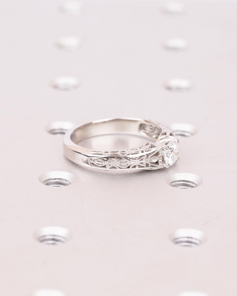 Round Lab Grown Diamond Vintage Engagement Ring, Antique Style Platinum Ring, Scrollwork Solitaire Wedding Anniversary Rings for Women image #11