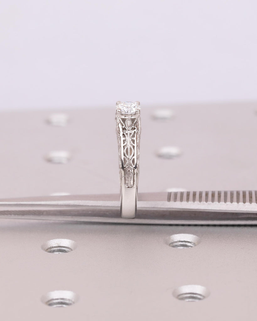 Round Lab Grown Diamond Vintage Engagement Ring, Antique Style Platinum Ring, Scrollwork Solitaire Wedding Anniversary Rings for Women image #19