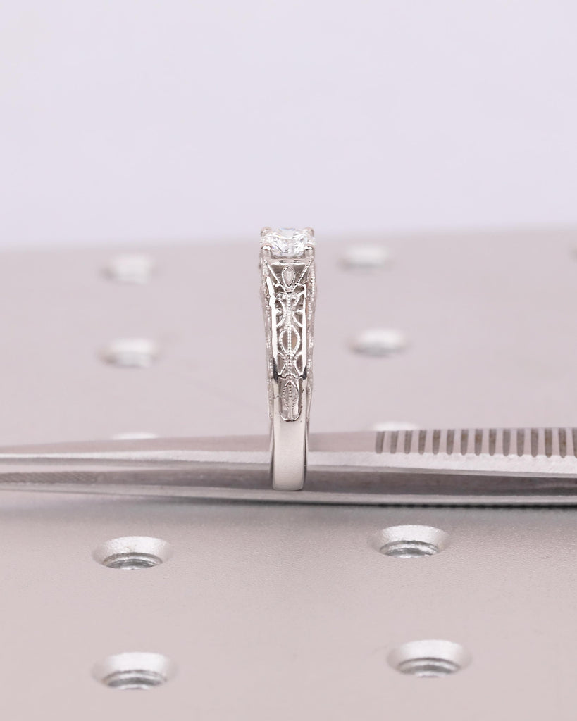 Vintage Style Lab Diamond Engagement Ring, Platinum Filigree Ring, Antique jewelry image #19