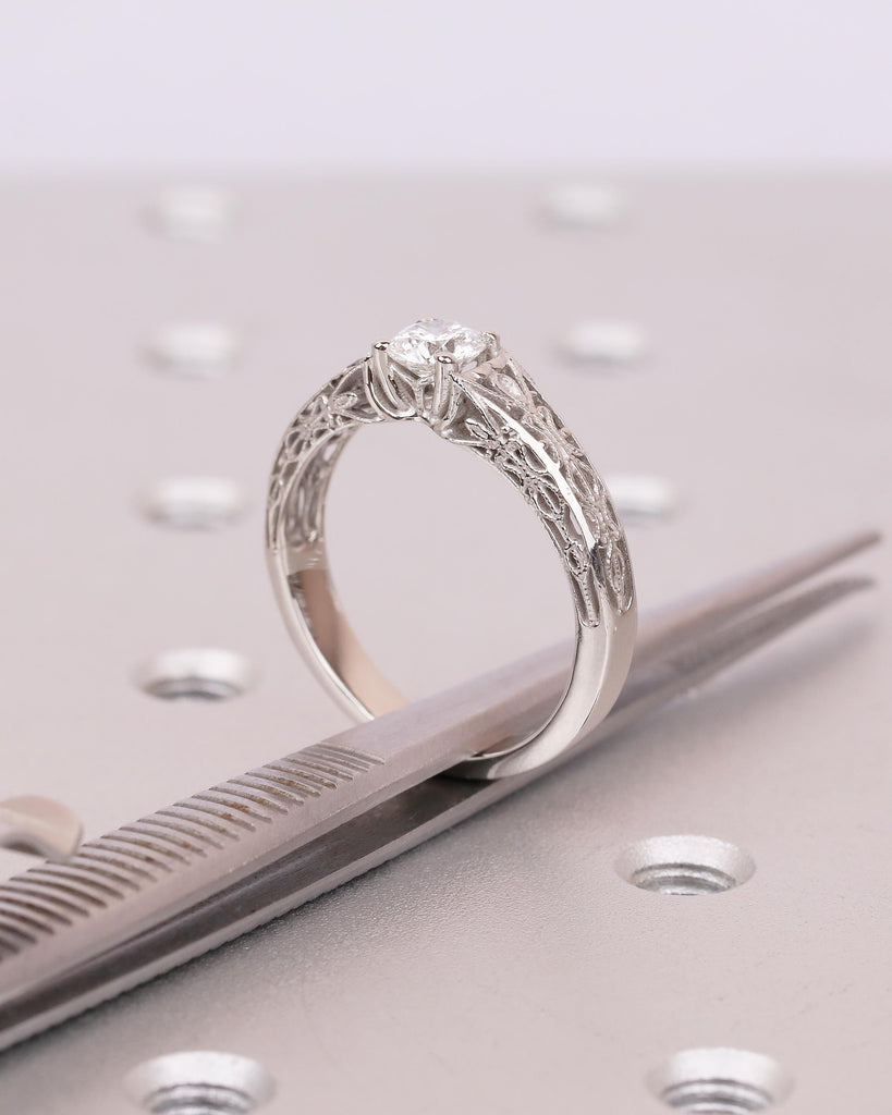 Round Lab Grown Diamond Vintage Engagement Ring, Antique Style Platinum Ring, Scrollwork Solitaire Wedding Anniversary Rings for Women image #13