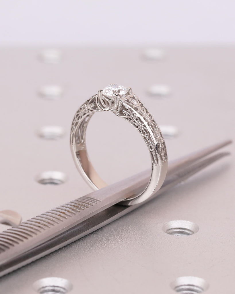 Vintage Style Lab Diamond Engagement Ring, Platinum Filigree Ring, Antique jewelry image #13