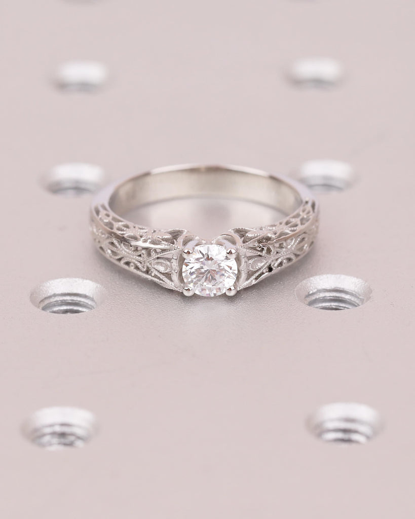 Vintage Wedding Ring, Round Moissanite Engagement Ring, Art Deco Platinum Filigree Edwardian Promise Rings for Her, Unique Heirloom Jewelry image #15