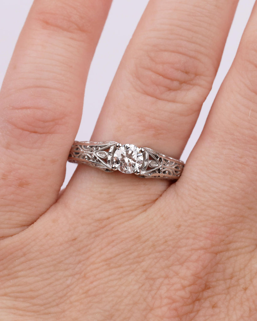 Vintage Style Lab Diamond Engagement Ring, Platinum Filigree Ring, Antique jewelry image #1