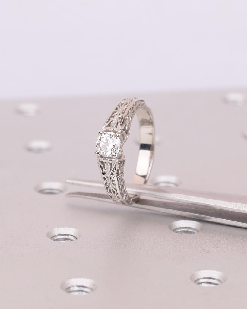Vintage Style Lab Diamond Engagement Ring, Platinum Filigree Ring, Antique jewelry image #2