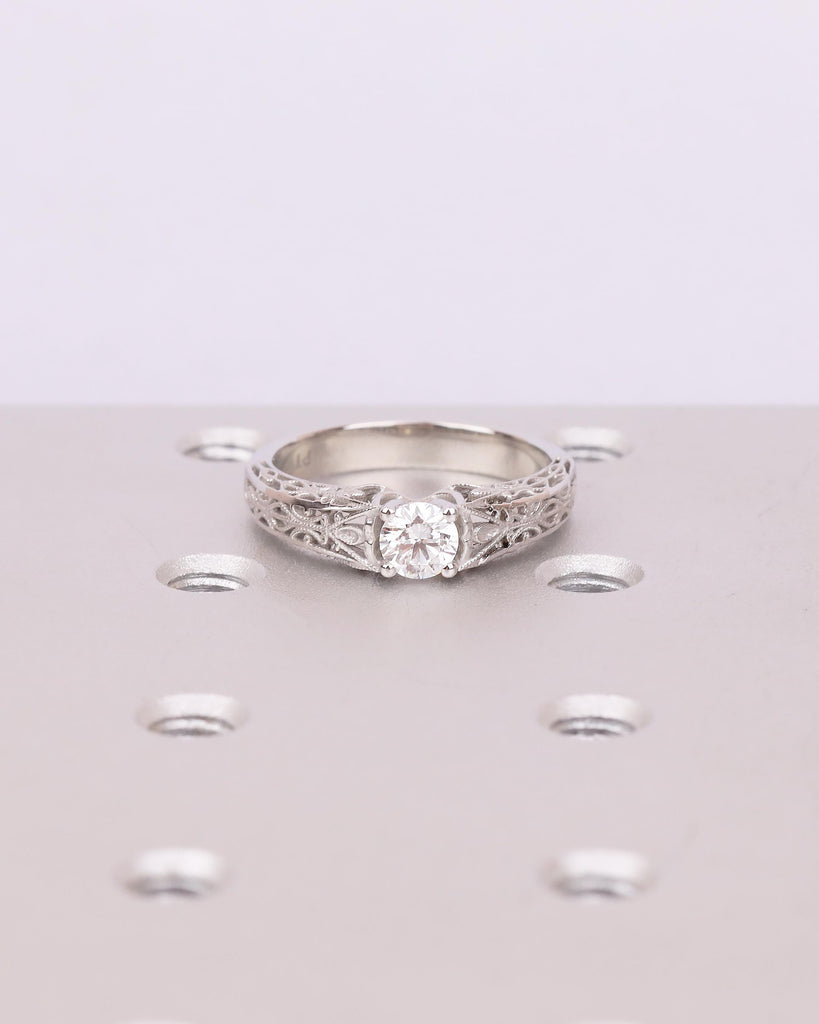 Moissanite Solitaire Engagement Ring, Women's Platinum Ring, Scrollwork Handmade Vintage Jewelry image #2
