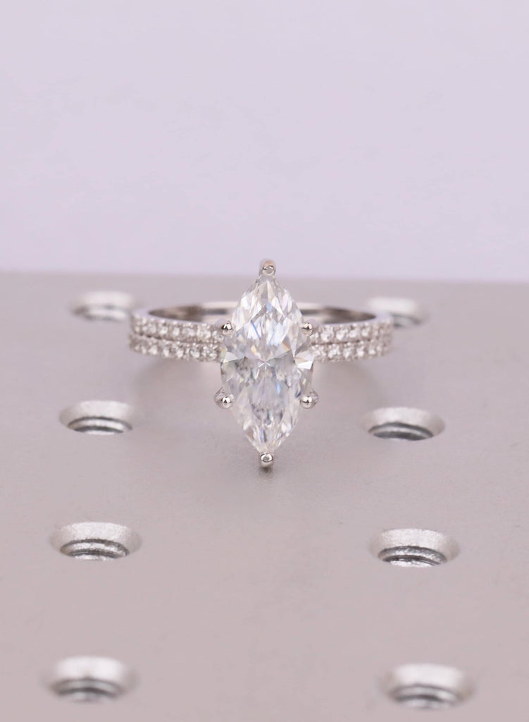 14K Gold Marquise Moissanite Engagement Ring Set, Diamond Pave Band, Custom Ring, Wedding Jewelry image #4
