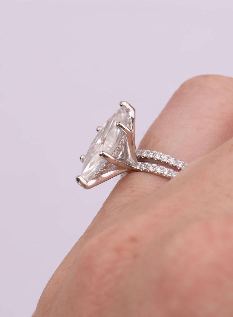 14K Gold Marquise Moissanite Engagement Ring Set, Diamond Pave Band, Custom Ring, Wedding Jewelry image #3