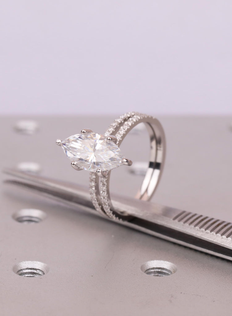 14K Gold Marquise Moissanite Engagement Ring Set, Diamond Pave Band, Custom Ring, Wedding Jewelry image #6